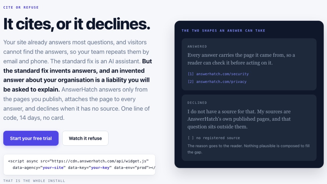The AnswerHatch website, showing how its chat bot cites the page behind each answer or declines when it has no source